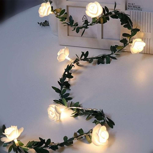 Rose Flower Vine String LED Lights Decoration Green Leaf Garland Battery USB Solar Powered Warm White Fairy Lights Green